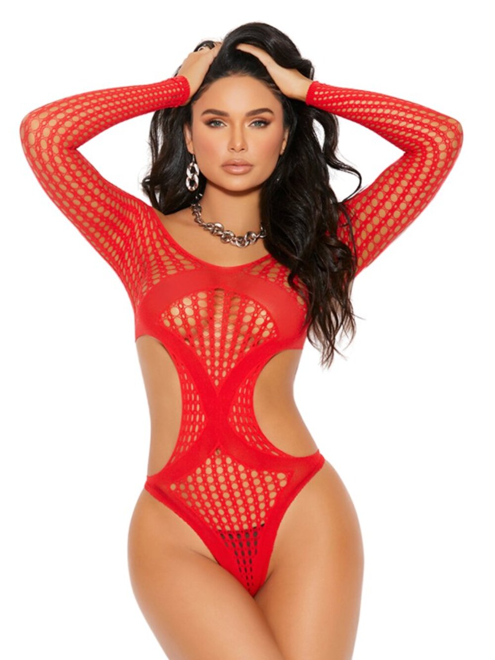 Red Long Sleeve Crochet Teddy Lingerie with Side Cutouts